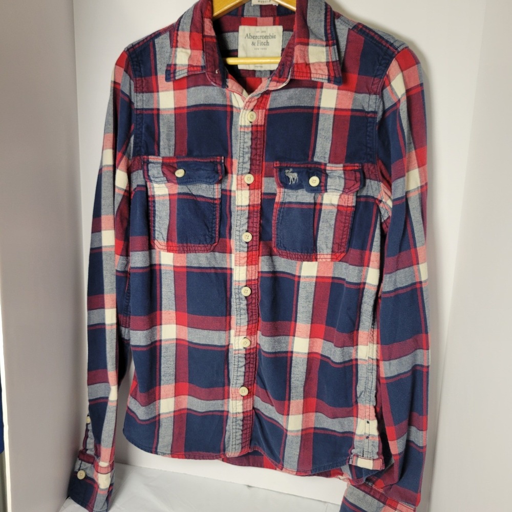Abercrombie & Fitch Mens Muscle Fit Flannel Plaid Shirt Red Blue Large 125277100